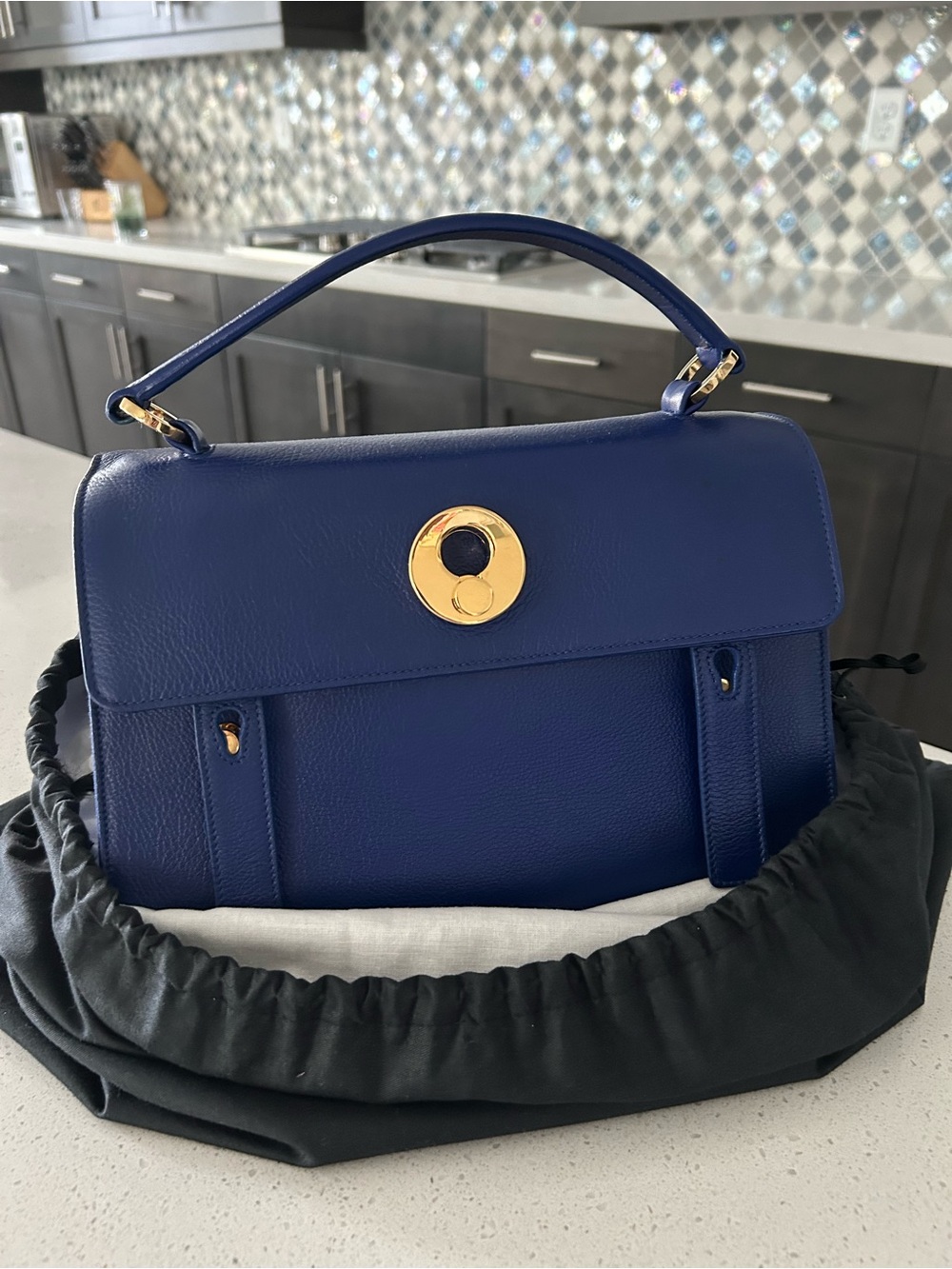 Saint Laurent Top-Handle Leather Satchel in Deep Blue with Gold Accent